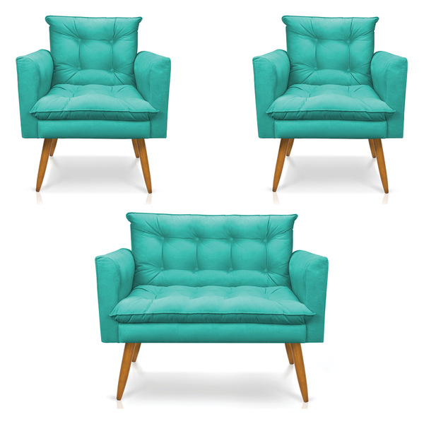 Kit 2 Poltronas E Namoradeira 2 Lugares Olivia Suede Azul Tur