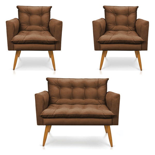 Kit 2 Poltronas E Namoradeira 2 Lugares Olivia Suede Pés Pali