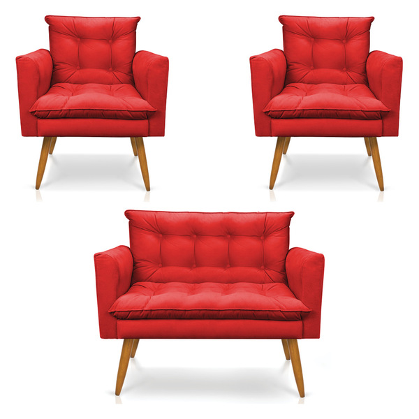 Kit 2 Poltronas E Namoradeira 2 Lugares Olivia Suede Vermelho