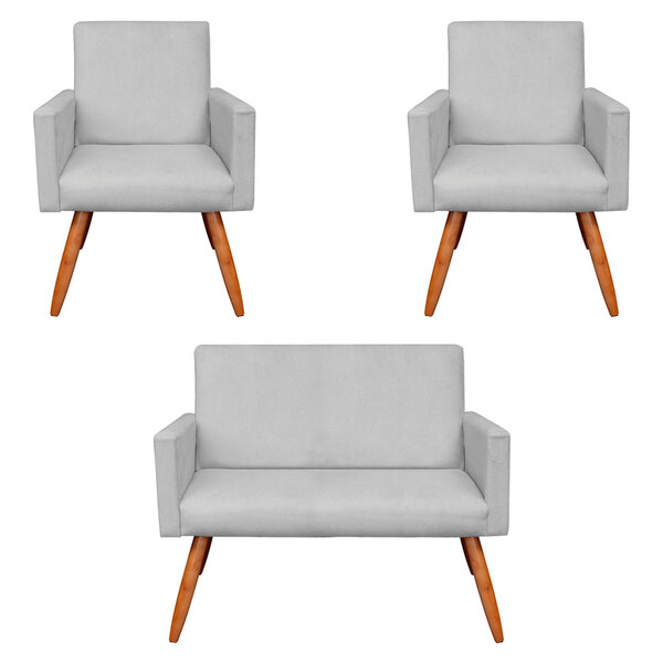 Kit 2 Poltronas E Namoradeira Nina Suede Pés Palito Castanho