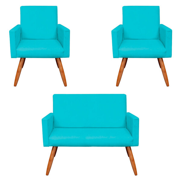 Kit 2 Poltronas E Namoradeira Nina Suede Pés Palito Castanho