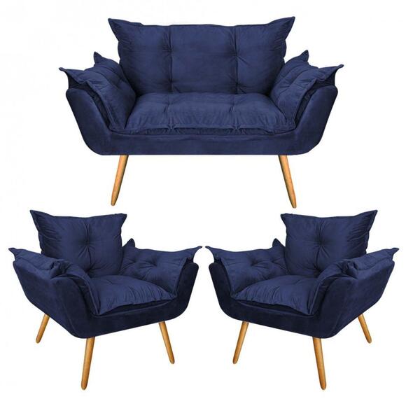 Kit 2 Poltronas E Namoradeira Opala Suede Azul Marinho