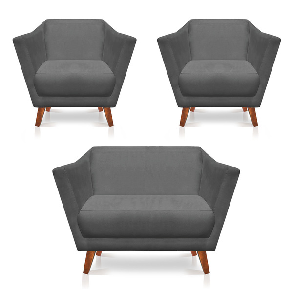 Kit 2 Poltronas E Namoradeira Pérsia Suede Pés Chanfrado Cast