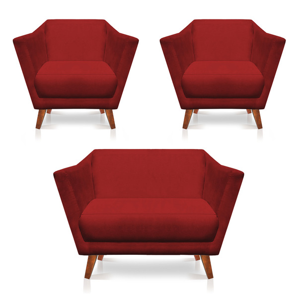 Kit 2 Poltronas E Namoradeira Pérsia Suede Vermelho Pés Chanf