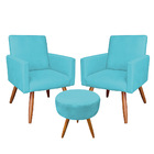 Kit 2 Poltronas E Puff Banqueta Redonda Nina Suede Azul Turqu