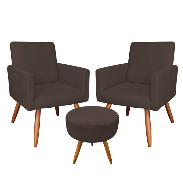 Kit 2 Poltronas E Puff Banqueta Redonda Nina Suede Marrom Pés