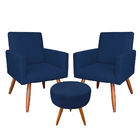 Kit 2 Poltronas E Puff Banqueta Redonda Nina Suede Pés Palito