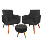 Kit 2 Poltronas E Puff Banqueta Redonda Nina Suede Preto Pés