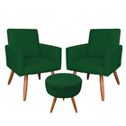 Kit 2 Poltronas E Puff Banqueta Redonda Nina Suede Verde Pés