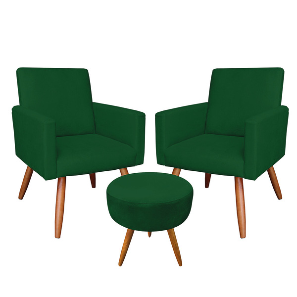 Kit 2 Poltronas E Puff Banqueta Redonda Nina Suede Verde Pés