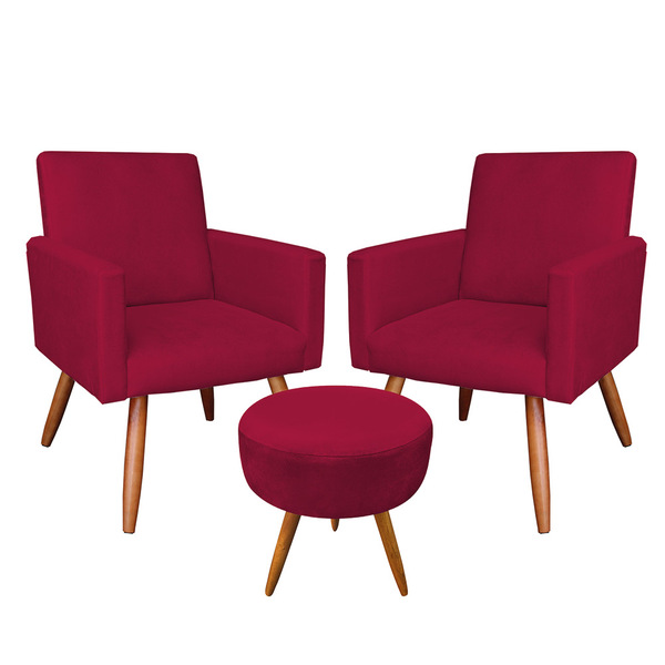 Kit 2 Poltronas E Puff Banqueta Redonda Nina Suede Vermelho P