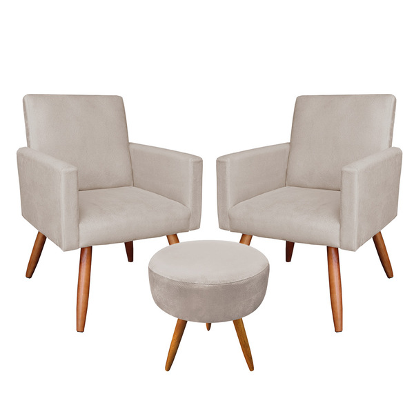 Kit 2 Poltronas E Puff Banqueta Redonda Nina Veludo Bege Pés