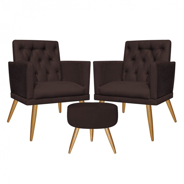 Kit 2 Poltronas E Puff Redondo Maria Capitonê Pé Palito Suede