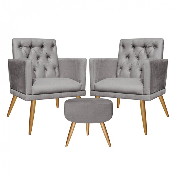 Kit 2 Poltronas E Puff Redondo Maria Capitonê Pé Palito Suede