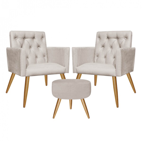 Kit 2 Poltronas E Puff Redondo Nina Capitonê Pé Palito Corino