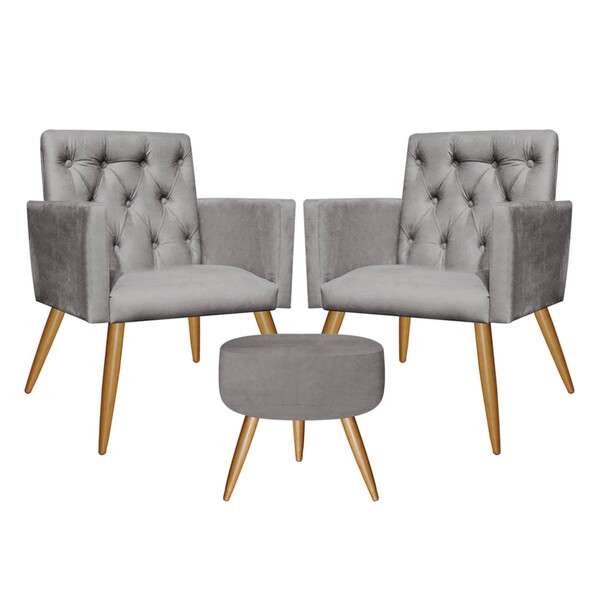 Kit 2 Poltronas E Puff Redondo Nina Capitonê Pé Palito Suede