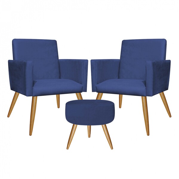 Kit 2 Poltronas E Puff Redondo Nina Decorativo Pé Palito Sued