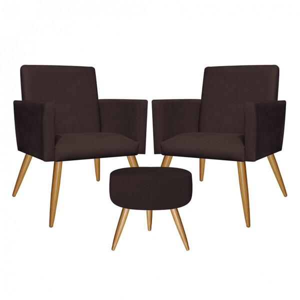 Kit 2 Poltronas E Puff Redondo Nina Decorativo Pé Palito Sued