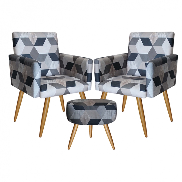 Kit 2 Poltronas E Puff Redondo Nina Pé Palito Recepção Losang