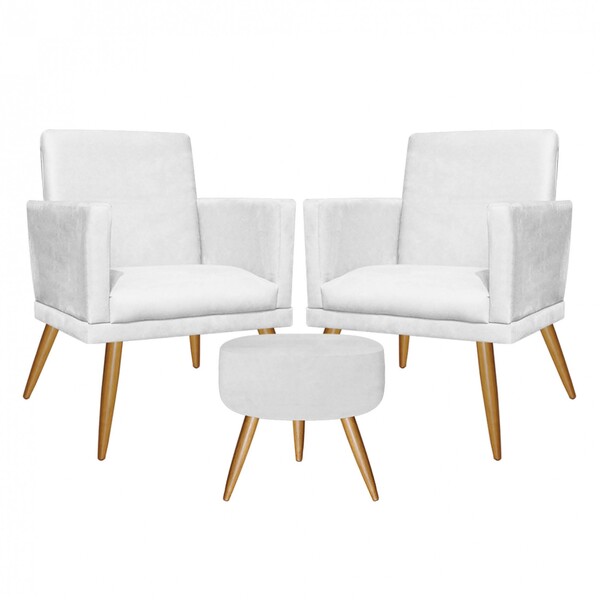 Kit 2 Poltronas E Puff Redondo Nina Rodapé Pé Palito Corino B