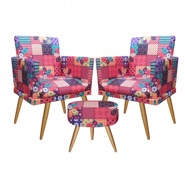 Kit 2 Poltronas E Puff Redondo Nina Rodapé Pé Palito Patchwor
