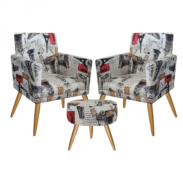 Kit 2 Poltronas E Puff Redondo Nina Rodapé Pé Palito Recepção