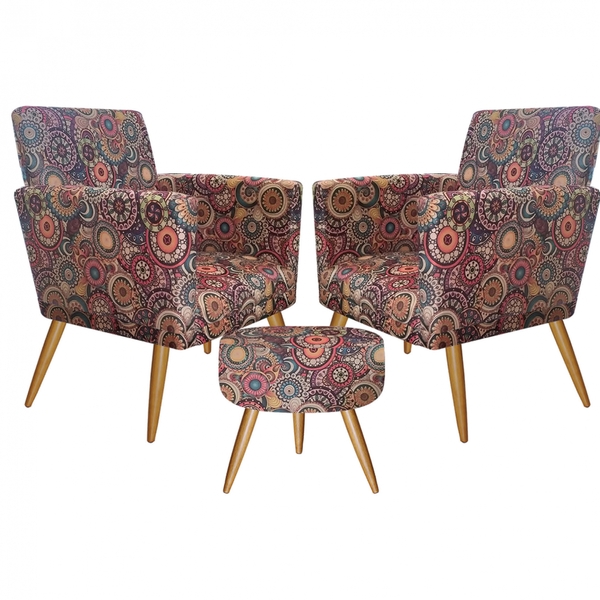 Kit 2 Poltronas E Puff Redondo Nina Rodapé Pé Palito Recepção