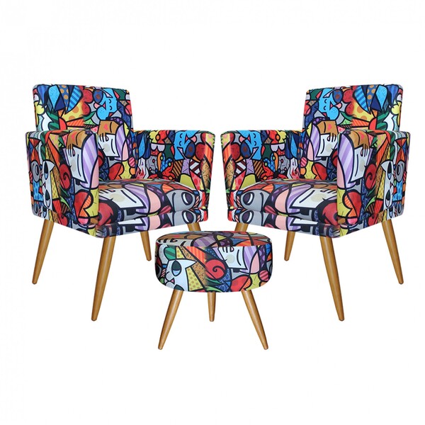 Kit 2 Poltronas E Puff Redondo Nina Rodapé Pé Palito Romero B