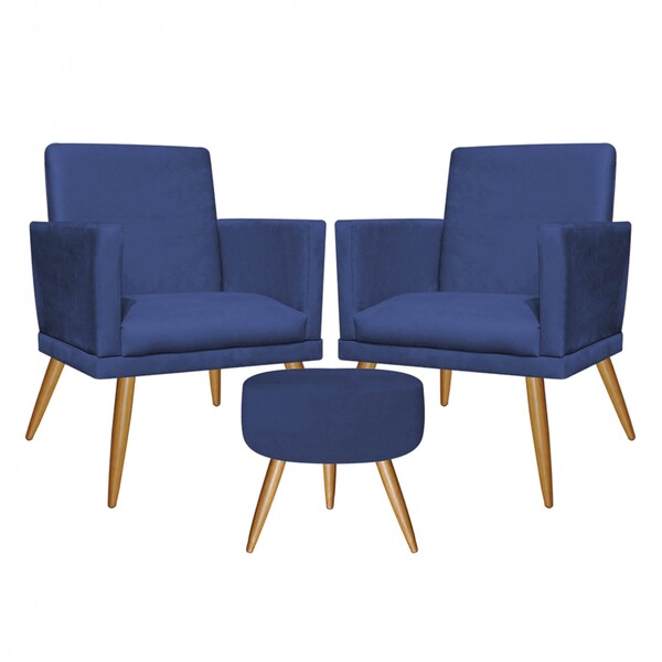 Kit 2 Poltronas E Puff Redondo Nina Rodapé Pé Palito Suede Az