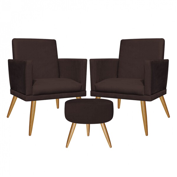 Kit 2 Poltronas E Puff Redondo Nina Rodapé Pé Palito Suede Ma