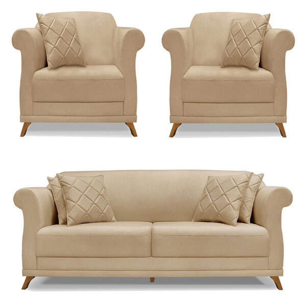 Kit 2 Poltronas E Sofá Living 2 Lugares 1 60m Vênus Linho Pés