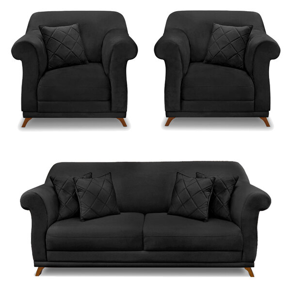 Kit 2 Poltronas E Sofá Living 2 Lugares 1 60m Vênus Veludo Pr