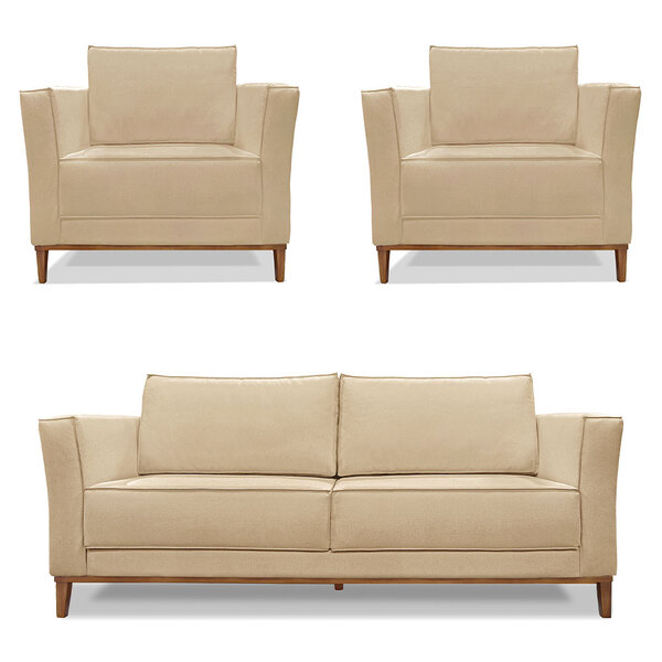 Kit 2 Poltronas E Sofá Living 2 Lugares 1 70m Vega Linho Pés