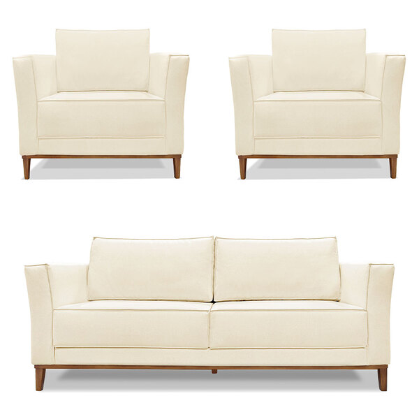 Kit 2 Poltronas E Sofá Living 2 Lugares 1 90m Vega Linho Bege