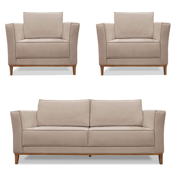 Kit 2 Poltronas E Sofá Living 2 Lugares 1 90m Vega Linho Pés