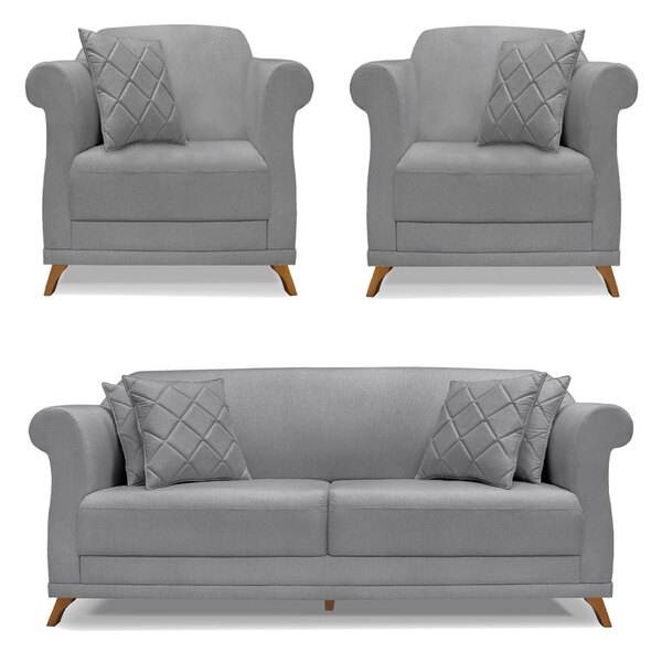 Kit 2 Poltronas E Sofá Living 3 Lugares 2 00m Vênus Linho Gra