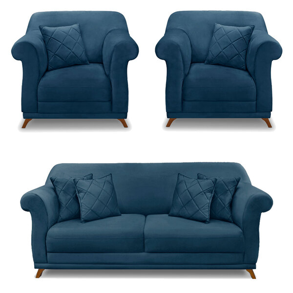 Kit 2 Poltronas E Sofá Living 3 Lugares 2 00m Vênus Veludo Az