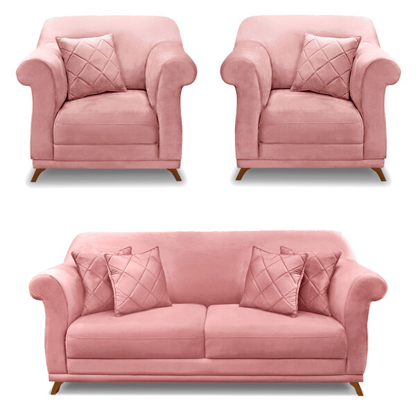 Kit 2 Poltronas E Sofá Living 3 Lugares 2 00m Vênus Veludo Ro