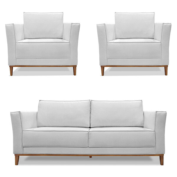 Kit 2 Poltronas E Sofá Living 3 Lugares 2 30m Vega Linho Cinz