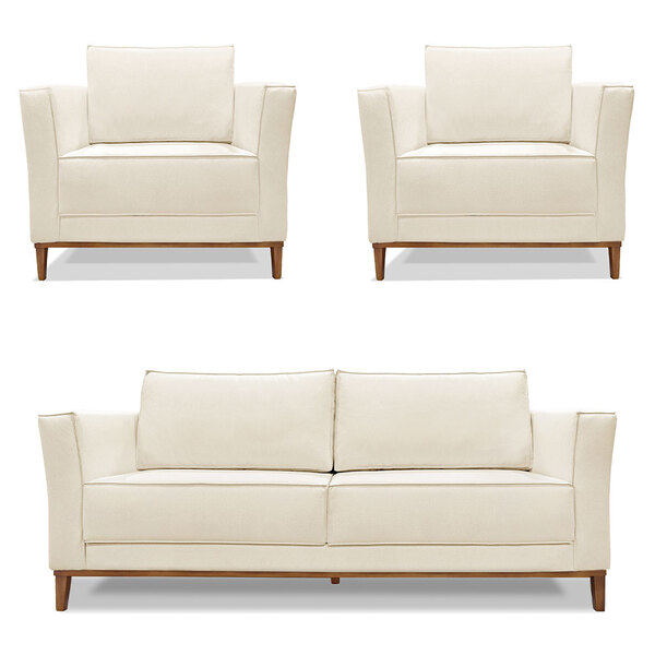 Kit 2 Poltronas E Sofá Living 3 Lugares 2 30m Vega Linho Pés