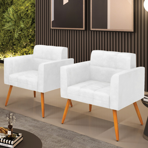 Kit 2 Poltronas Elisa Corano Branco Pés Palito Castanho D03 -
