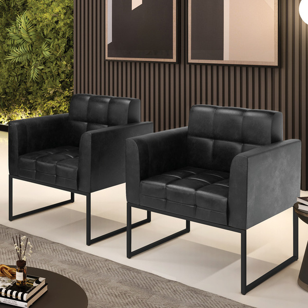 Kit 2 Poltronas Elisa Corano Preto Base Metálica Industrial P