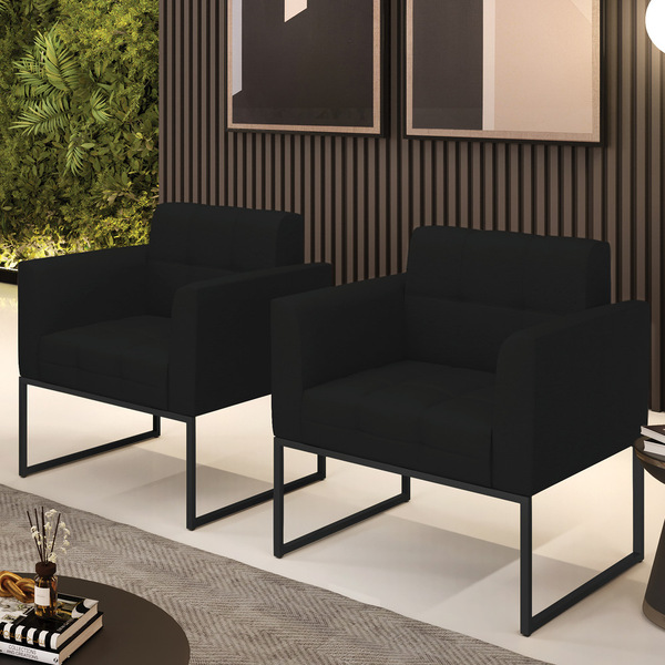 Kit 2 Poltronas Elisa Linho Base Metálica Industrial Preto D0