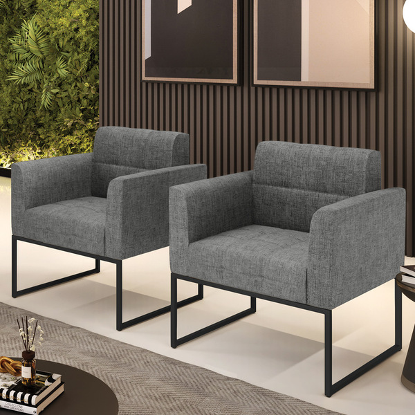 Kit 2 Poltronas Elisa Linho Base Metálica Industrial Preto D0