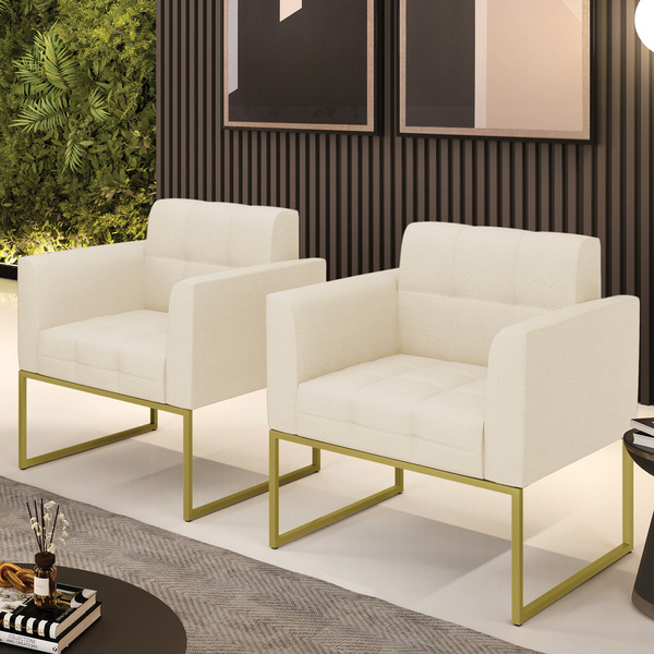 Kit 2 Poltronas Elisa Linho Bege A19 Base Metálica Industrial