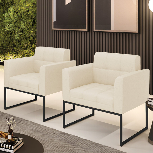 Kit 2 Poltronas Elisa Linho Bege A19 Base Metálica Industrial