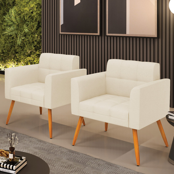 Kit 2 Poltronas Elisa Linho Pés Palito Castanho D03 - D'rossi