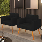 Kit 2 Poltronas Elisa Linho Preto A79 Pés Palito Castanho D03