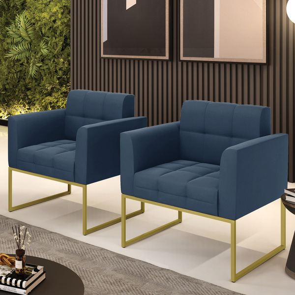 Kit 2 Poltronas Elisa Suede Azul Marinho Base Metálica Indust