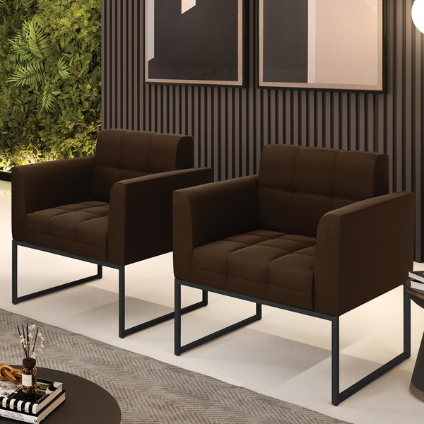 Kit 2 Poltronas Elisa Suede Base Metálica Industrial Preto D0